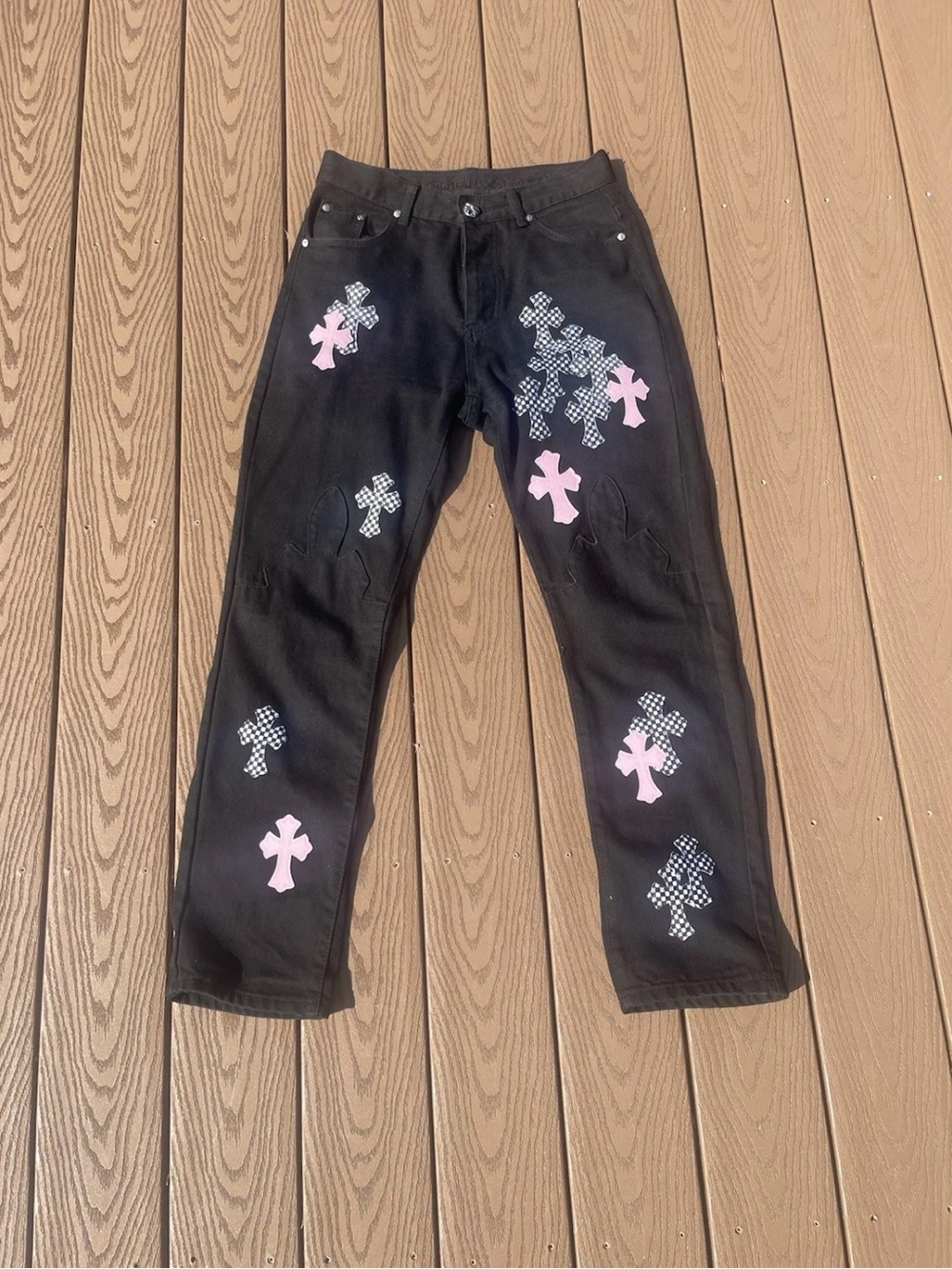 Chrome Hearts Pink & Checkered Cross Patch Fleurknee Jeans
